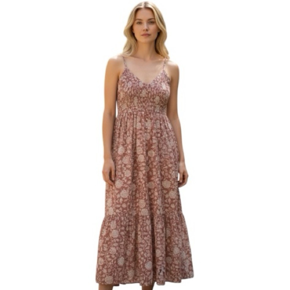 Aritzia Wilfred Floral Smocked Maxi Dress M Pink Mauve Boho Tiered Sundress Gift